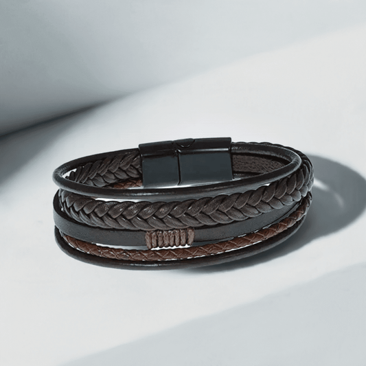 TIERED TREASURE BROWN -  Leather Bracelet for Men - American Style Genuine Leather Multi-Layer Braided Bracelet with Stainless Steel Magnetic Buckle for Men & Boys - THE MEN THING