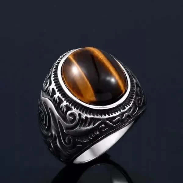 TIGER EYE BROWN - Vintage Tiger Eye Stone Rings for Men  | Pure Titanium Steel Ring Jewellery (Size - 17-21- 24)