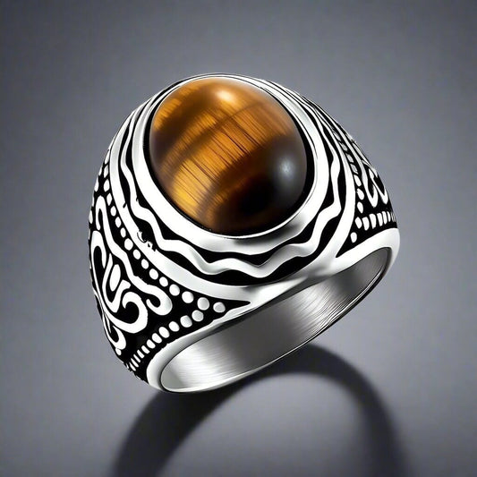 TIGER EYE BROWN - Vintage Tiger Eye Stone Rings for Men  | Pure Titanium Steel Ring Jewellery (Size - 17-21- 24) - THE MEN THING