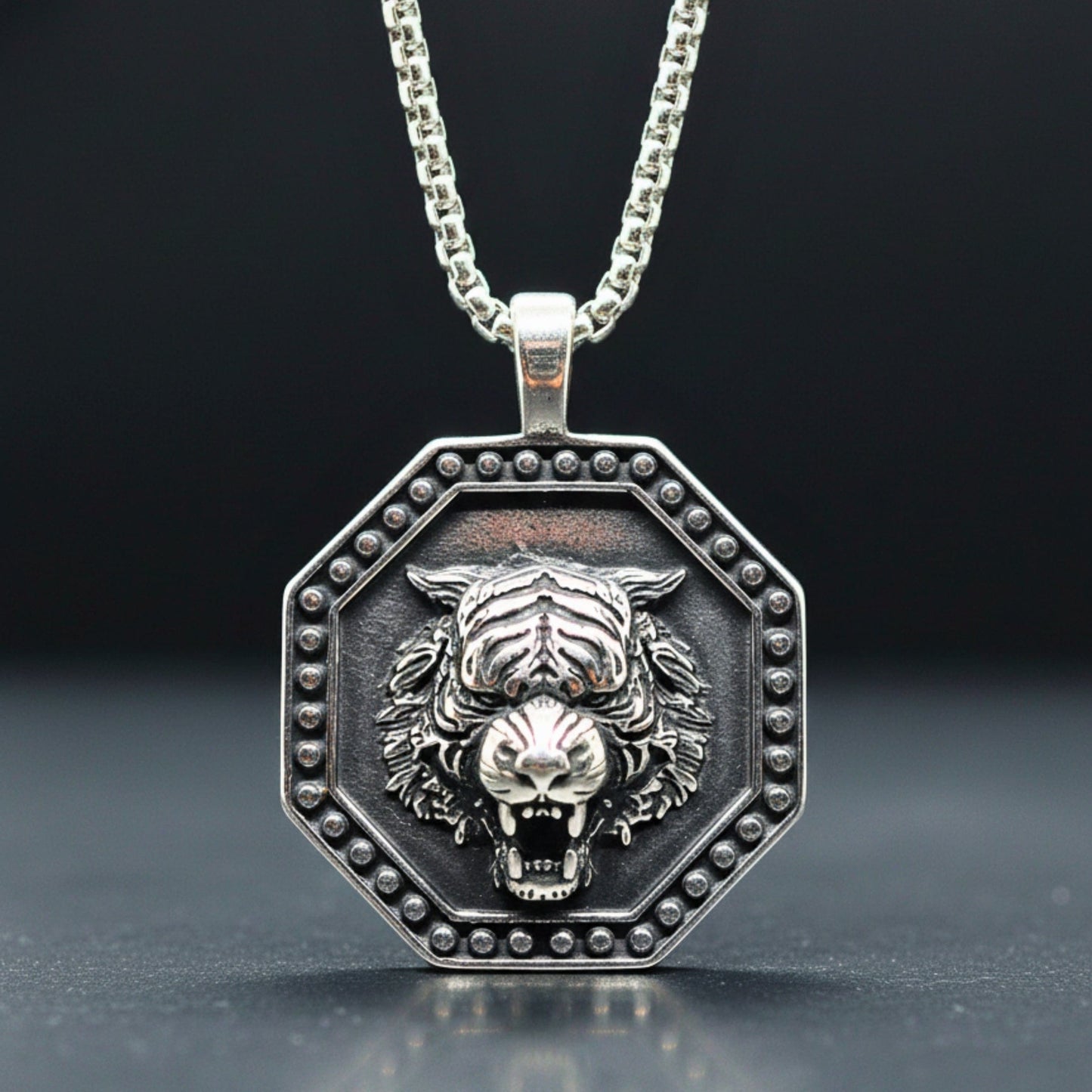 TIGER FURY - 37mm Titanium Steel Pendant with 24inch Round Box 5mm Chain for Men & Boys - THE MEN THING
