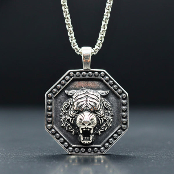 TIGER FURY - 37mm Titanium Steel Pendant with 24inch Round Box 5mm Chain for Men & Boys