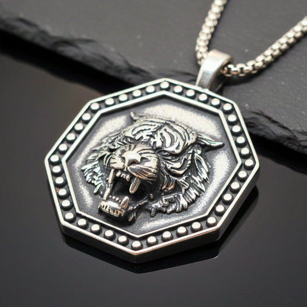 TIGER FURY - 37mm Titanium Steel Pendant with 24inch Round Box 5mm Chain for Men & Boys
