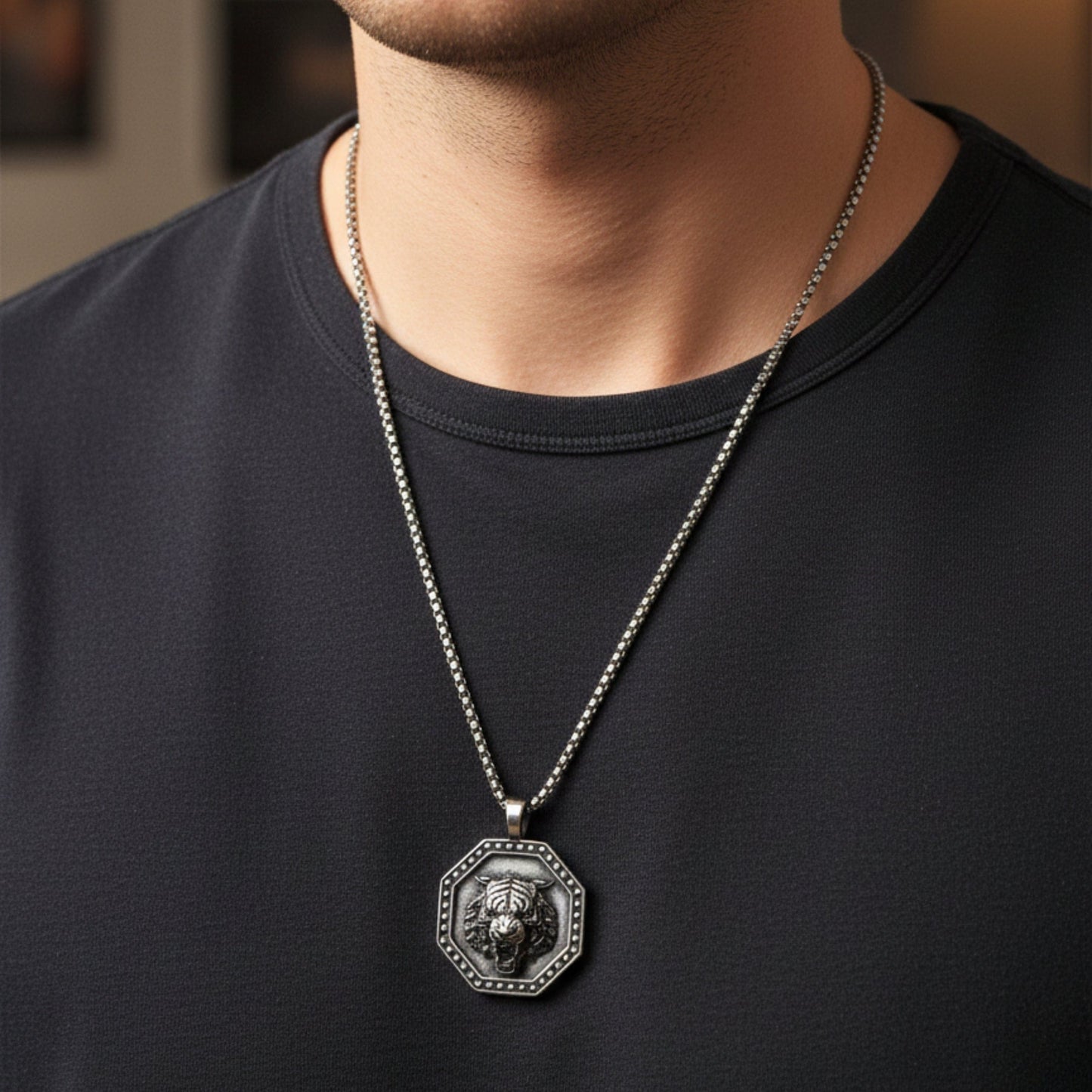 TIGER FURY - 37mm Titanium Steel Pendant with 24inch Round Box 5mm Chain for Men & Boys - THE MEN THING