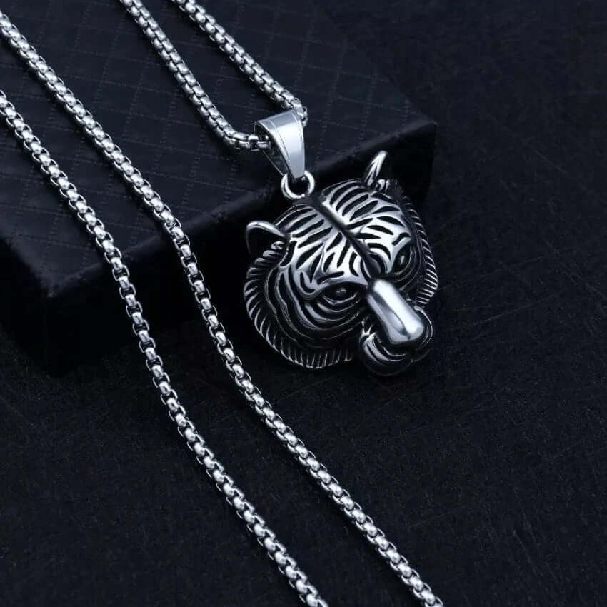 TIGER HEAD -  Alloy Pendant with Pure Stainless Steel  24inch Round Box Chain, American trending Style for Men & Boy - THE MEN THING