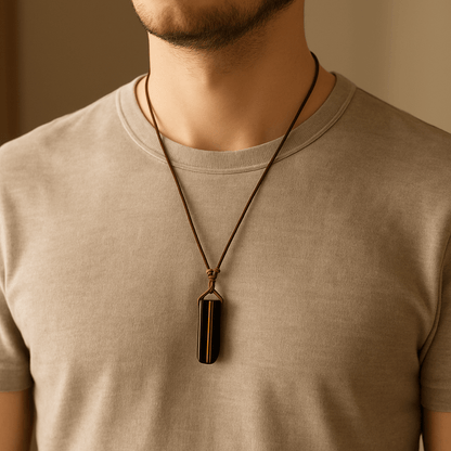 TIGERS EYE - Natural Crystal Unshaped Pendant with Adjustable Rope Chain for Men and Boys - THE MEN THING