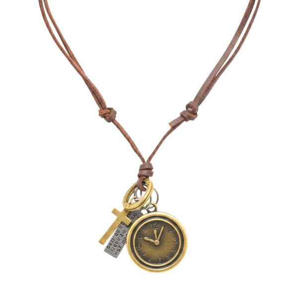 TIMELOCK – 1.2-Inch Pure Stainless Steel Pendant with Adjustable Brown Leather Rope for Men & Boys