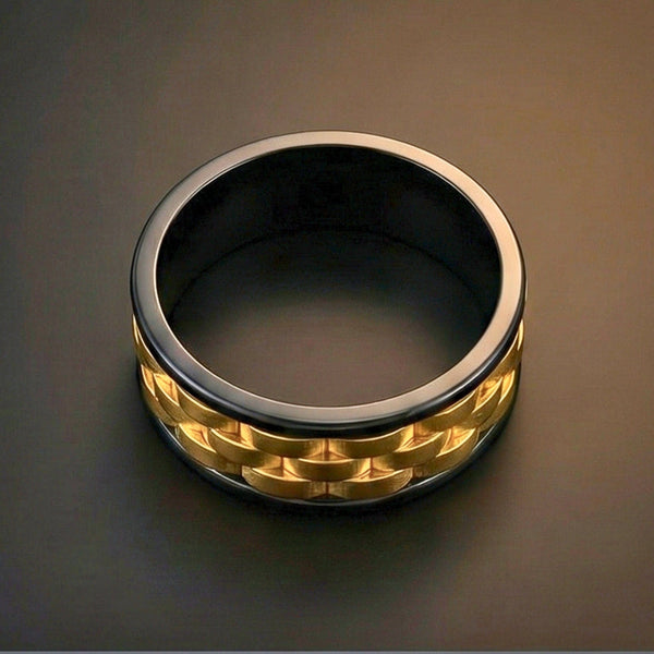 TITAN GRID GOLD  - Pure Stainless Steel Men’s Black-Gold Plated Ring (Size : 17-22-27)