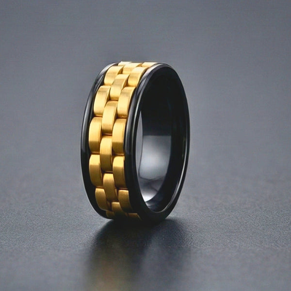 TITAN GRID GOLD  - Pure Stainless Steel Men’s Black-Gold Plated Ring (Size : 17-22-27)