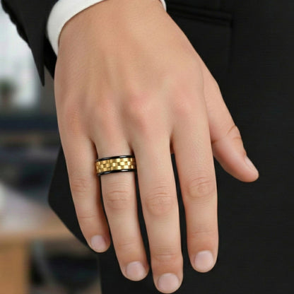 TITAN GRID GOLD  - Pure Stainless Steel Men’s Black-Gold Plated Ring (Size : 17-22-27) - THE MEN THING