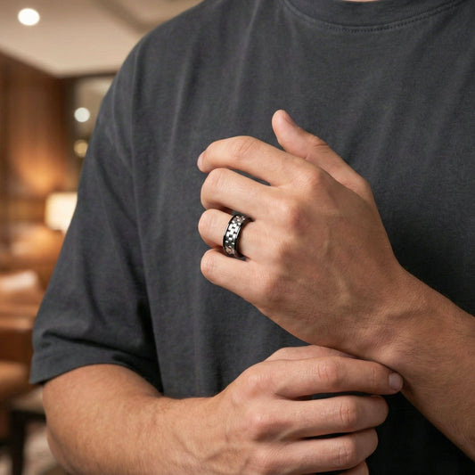 TITAN GRID RING - Pure Stainless Steel Men’s Steel-Black-Plated Ring (Size : 17-22-27) - THE MEN THING