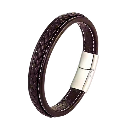 NOIRBOUND - Brown 14mm Genuine Leather Bracelet with Stainless Steel Magnetic Buckle for Men & Boys (8 inch)