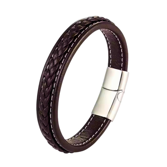 NOIRBOUND - Brown 14mm Genuine Leather Bracelet with Stainless Steel Magnetic Buckle for Men & Boys (8 inch)