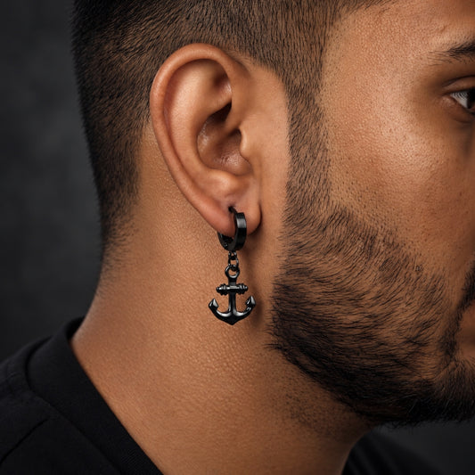 AQUALOCK ANCHOR BLACK - Pure Titanium Steel Ear Hoop Earrings for Men & Boys (2 Pcs)