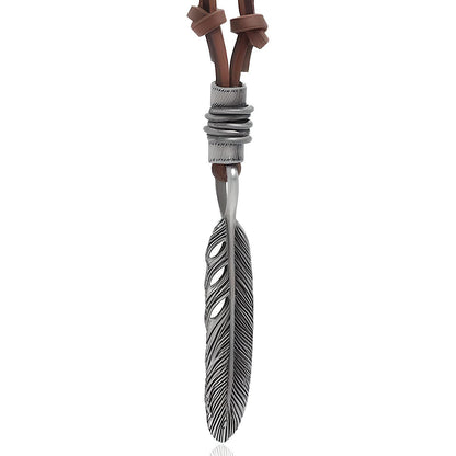 MAYAN FREEDOM BROWN - Vintage Alloy Feather Pendant with Adjustable Pure Leather Cord Necklace for Men & Boys