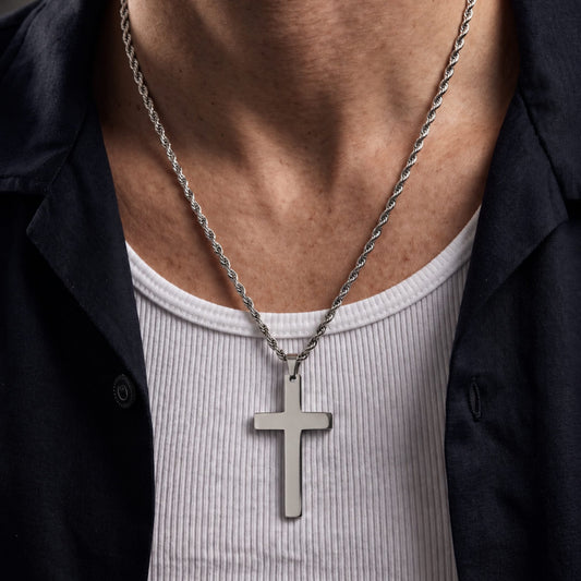 SILVER AURUM CROSS - 26mm Titanium Steel Pendant with 23inch Twisted Rope 4mm Chain for Men & Boys