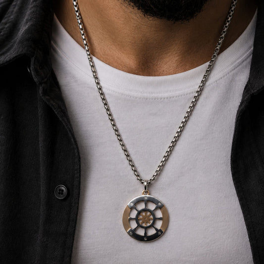 WHEEL OF VALOR - 20mm Titanium Steel Pendant with 20inch Round Box 3mm Chain for Men & Boys