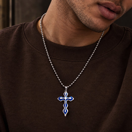 OCEAN FAITH CROSS - 37mm Titanium Steel Pendant with 21inch Round Ball 4mm Chain for Men & Boys
