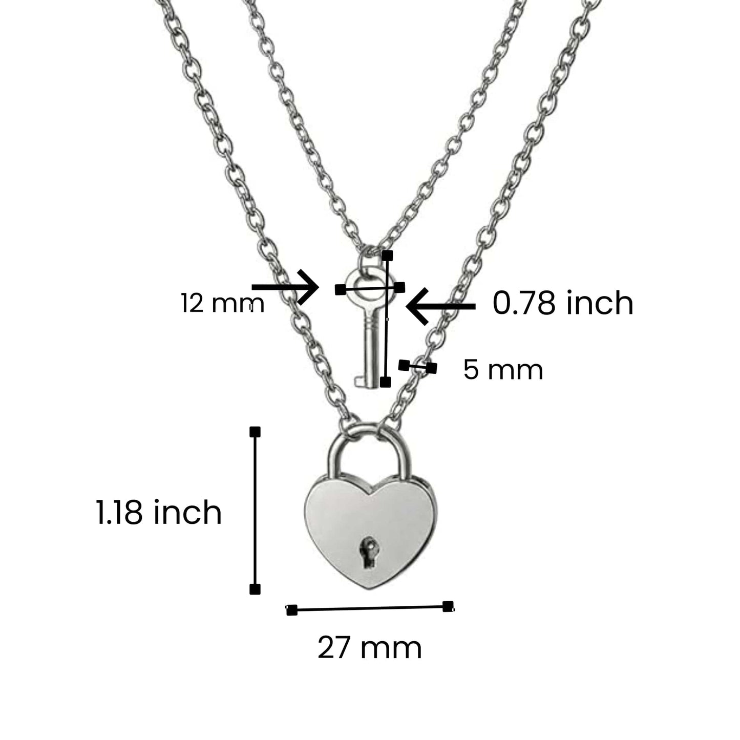 HEART PADLOCK KEY - Pure Titanium Steel Pendant with 24inch Round Rolo Chain for Men & Boys