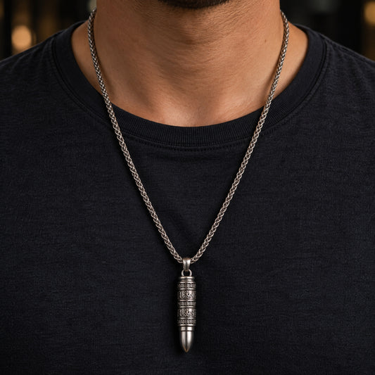THE SECRET BOX BULLET - 11mm Pure Titanium Steel Pendant with 23inch Twisted 4mm Chain for Men & Boys