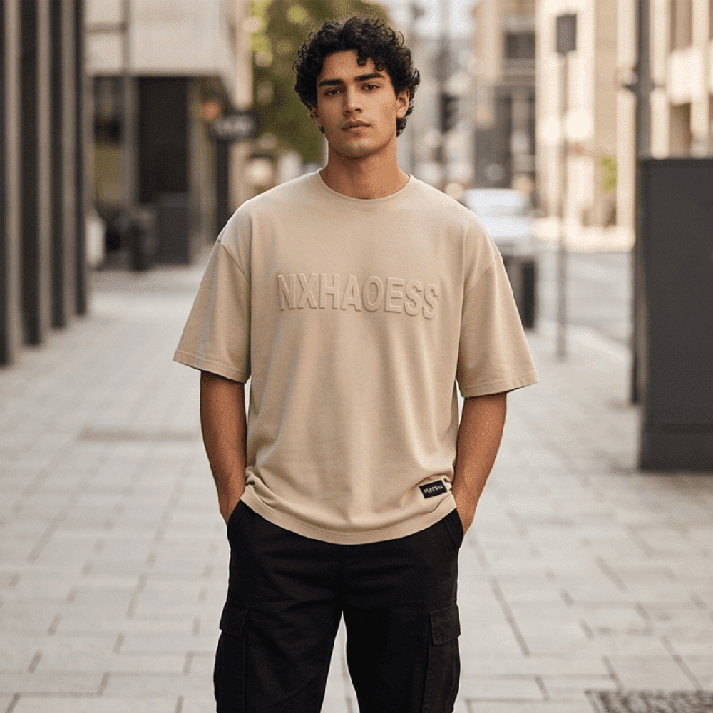 TONAL EMBOSSED Oversized T-Shirt - Beige — T-Shirt for Men | THE MEN THING