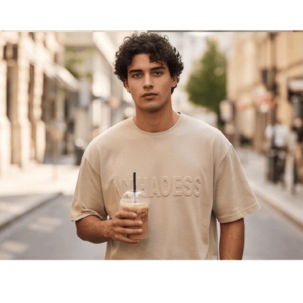 TONAL EMBOSSED Oversized T-Shirt - Beige