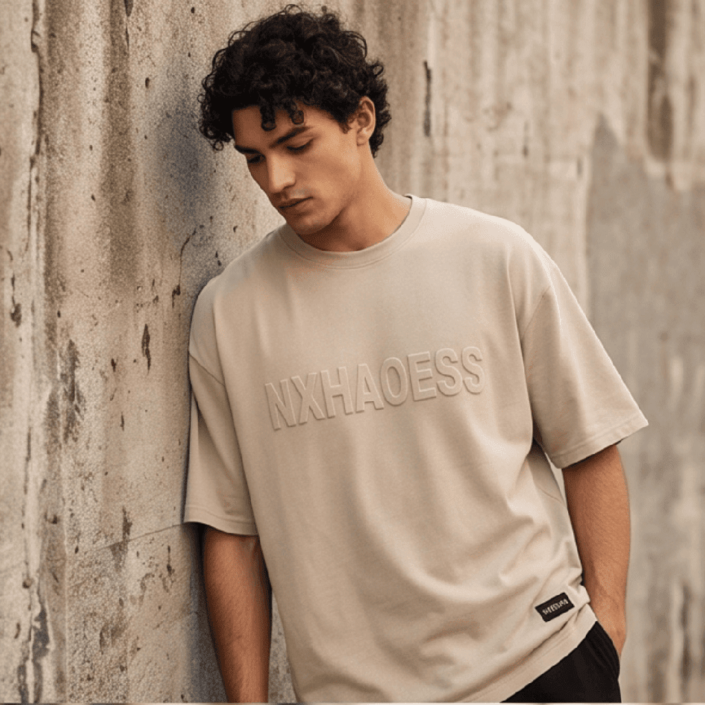 TONAL EMBOSSED Oversized T-Shirt - Beige — T-Shirt for Men | THE MEN THING
