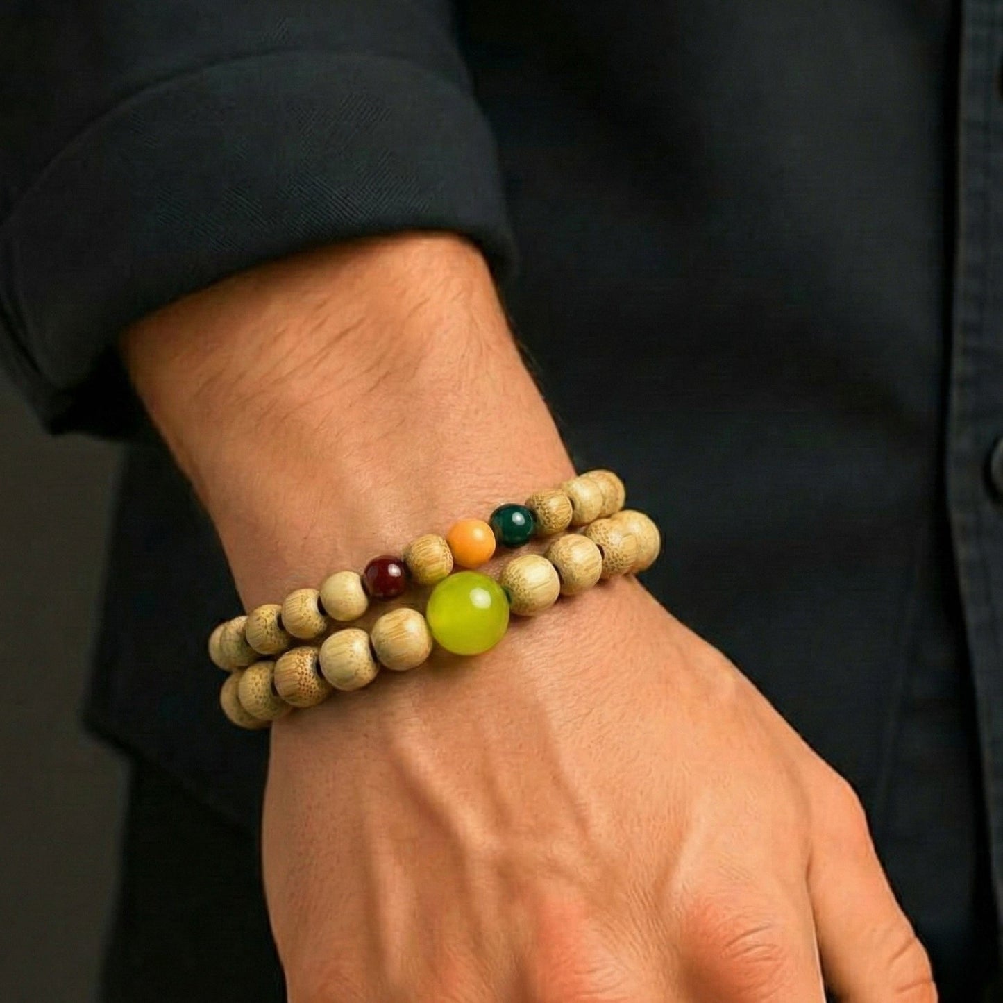 TRANQUIL AURA  - 10mm Wooden Beads Bracelet with Natural Stone - Adjustable Bracelet - THE MEN THING