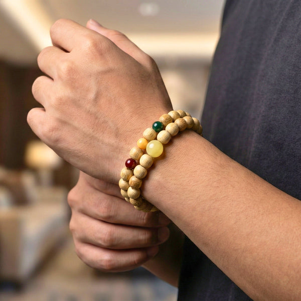 TRANQUIL AURA  - 10mm Wooden Beads Bracelet with Natural Stone - Adjustable Bracelet