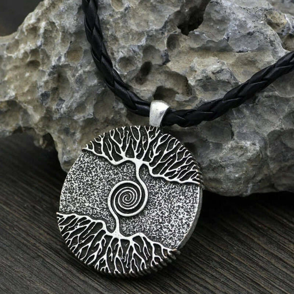 TREE GREY RUSTIC - Alloy Pendant with 24inch Leather Cord Chain for Men & Boy