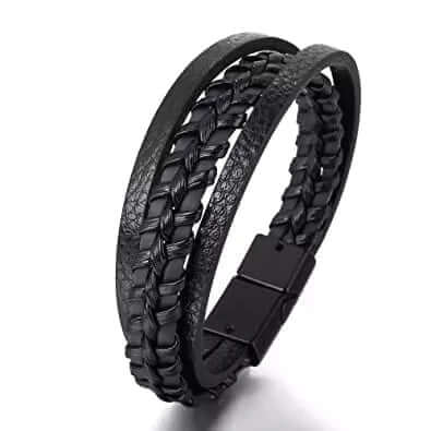TRI-PLY -  European Style Genuine Leather Bracelet with Multi-Layer Braided, 100% Stainless Steel Magnetic Buckle for Men & Boys (8.5inch) - THE MEN THING
