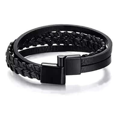 TRI-PLY -  European Style Genuine Leather Bracelet with Multi-Layer Braided, 100% Stainless Steel Magnetic Buckle for Men & Boys (8.5inch)