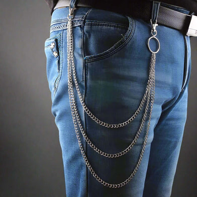 TRIADIC LINK CHAIN SILVER - 3pcs Alloy Multi-Layer Heavy Punk Biker Chain for Jeans with Lobster Clasps for Men & Boys - 39 inch