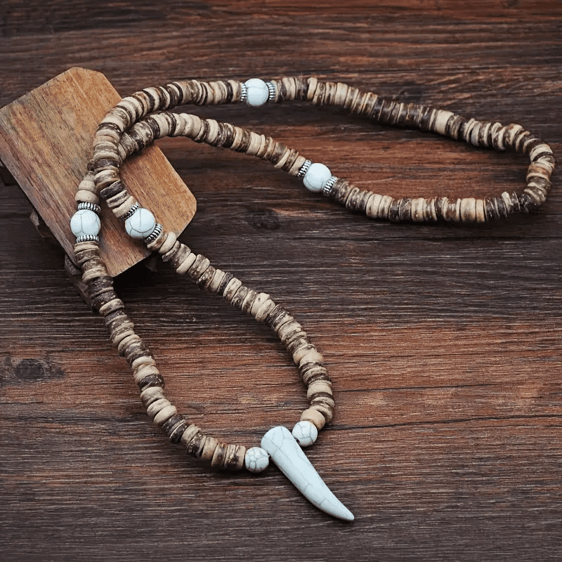 TRIBAL COCONUT WHITE HORN - Beaded Necklace with stone beads Horn Tooth Pendants for Mens & Boys (24 inch) - THE MEN THING