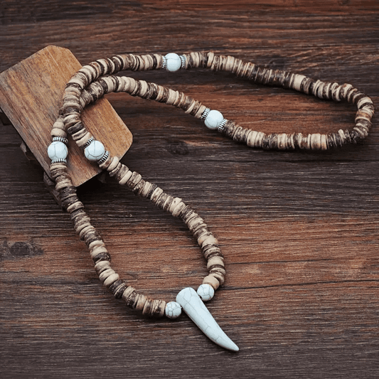 TRIBAL COCONUT WHITE HORN - Beaded Necklace with stone beads Horn Tooth Pendants for Mens & Boys (24 inch) - THE MEN THING