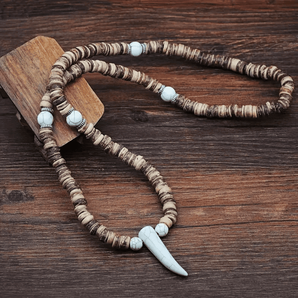 TRIBAL COCONUT WHITE HORN - Beaded Necklace with stone beads Horn Tooth Pendants for Mens & Boys (24 inch)