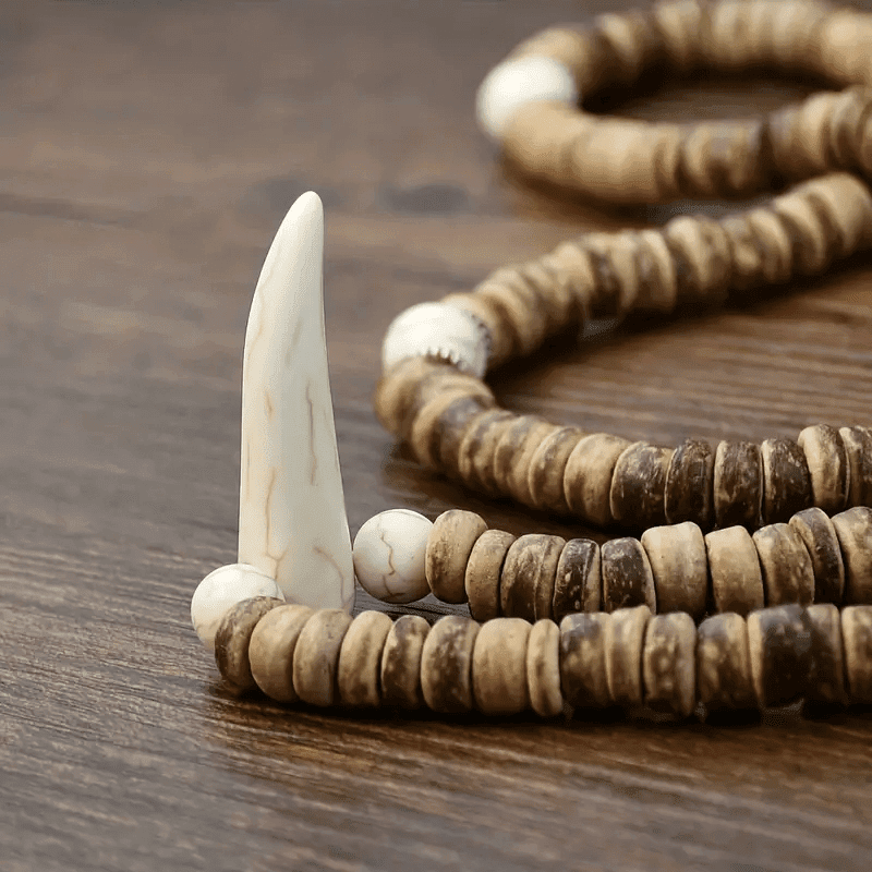 TRIBAL COCONUT WHITE HORN - Beaded Necklace with stone beads Horn Tooth Pendants for Mens & Boys (24 inch) - THE MEN THING