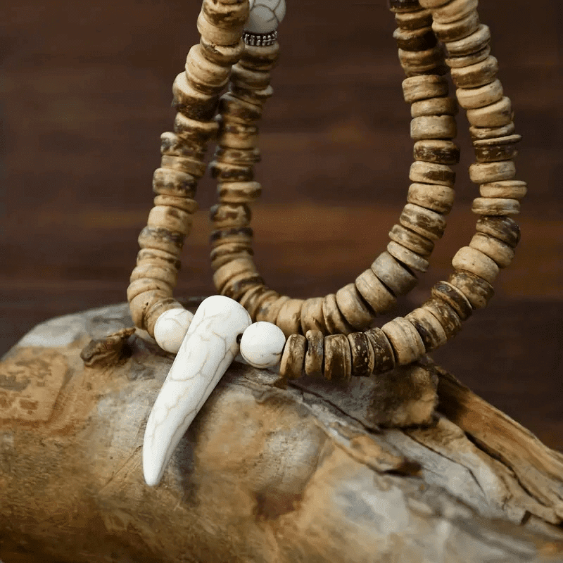 TRIBAL COCONUT WHITE HORN - Beaded Necklace with stone beads Horn Tooth Pendants for Mens & Boys (24 inch) - THE MEN THING