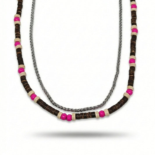 TRIBAL DRIFT - Natural Wood Beaded Necklace with Twisted Steel Chain for Mens & Boys (20 and 22 inch with adjustable cable chain) - THE MEN THING