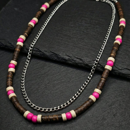 TRIBAL DRIFT - Natural Wood Beaded Necklace with Twisted Steel Chain for Mens & Boys (20 and 22 inch with adjustable cable chain) - THE MEN THING
