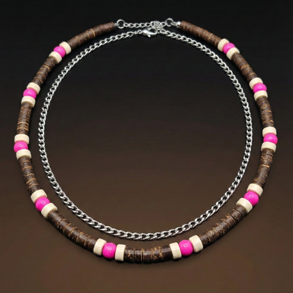 TRIBAL DRIFT - Natural Wood Beaded Necklace with Twisted Steel Chain for Mens & Boys (20 and 22 inch with adjustable cable chain) - THE MEN THING