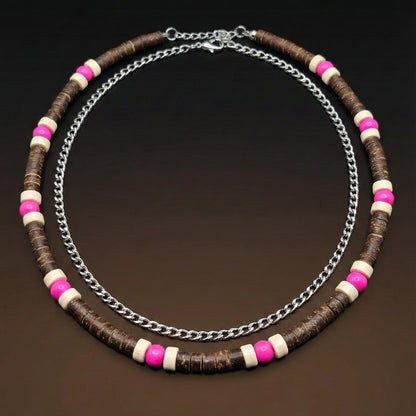 TRIBAL DRIFT - Natural Wood Beaded Necklace with Twisted Steel Chain for Mens & Boys (20 and 22 inch with adjustable cable chain) - THE MEN THING