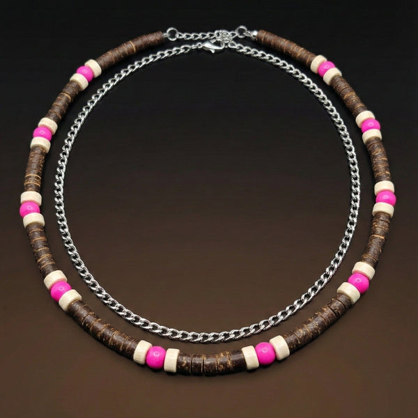 TRIBAL DRIFT - Natural Wood Beaded Necklace with Twisted Steel Chain for Mens & Boys (20 and 22 inch with adjustable cable chain)