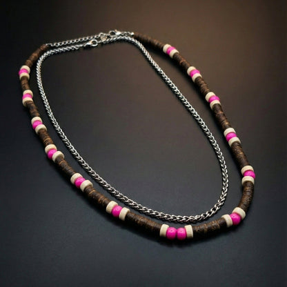 TRIBAL DRIFT - Natural Wood Beaded Necklace with Twisted Steel Chain for Mens & Boys (20 and 22 inch with adjustable cable chain) - THE MEN THING