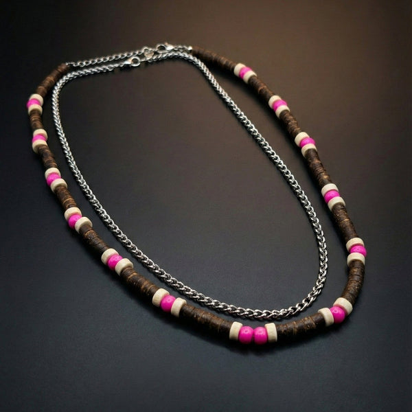 TRIBAL DRIFT - Natural Wood Beaded Necklace with Twisted Steel Chain for Mens & Boys (20 and 22 inch with adjustable cable chain)