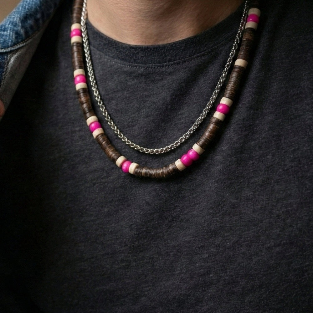 TRIBAL DRIFT - Natural Wood Beaded Necklace with Twisted Steel Chain for Mens & Boys (20 and 22 inch with adjustable cable chain) - THE MEN THING