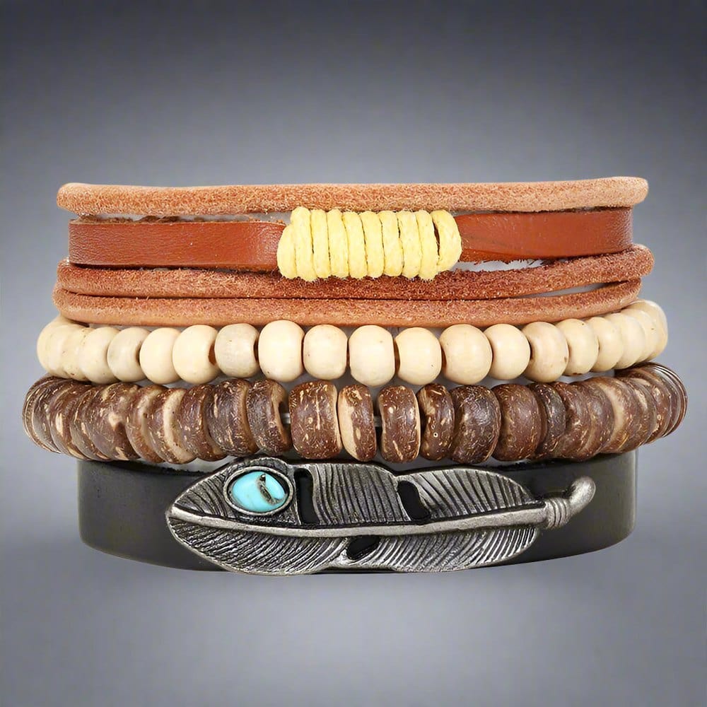TRIBAL FEATHER STACK -  4 Pcs Genuine Braided Leather Bracelet Set for Men & Boys (8 inch) - THE MEN THING