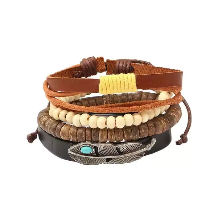 TRIBAL FEATHER STACK -  4 Pcs Genuine Braided Leather Bracelet Set for Men & Boys (8 inch) - THE MEN THING