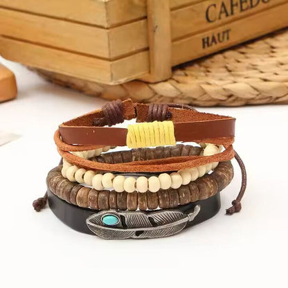 TRIBAL FEATHER STACK -  4 Pcs Genuine Braided Leather Bracelet Set for Men & Boys (8 inch) - THE MEN THING