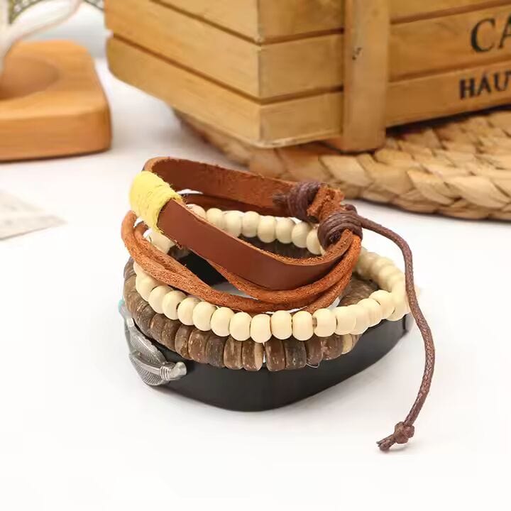 TRIBAL FEATHER STACK -  4 Pcs Genuine Braided Leather Bracelet Set for Men & Boys (8 inch) - THE MEN THING