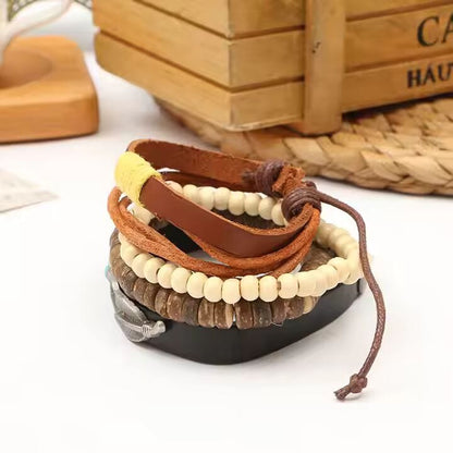 TRIBAL FEATHER STACK -  4 Pcs Genuine Braided Leather Bracelet Set for Men & Boys (8 inch) - THE MEN THING